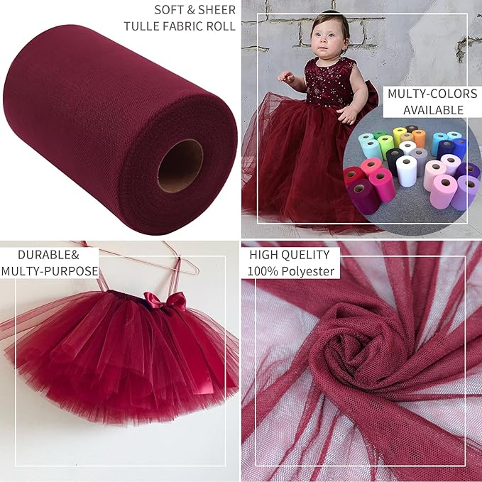 Burgundy Tulle Fabric Rolls 6 Inch by 100 Yards Fabric Spool Tulle Ribbon - Image 7