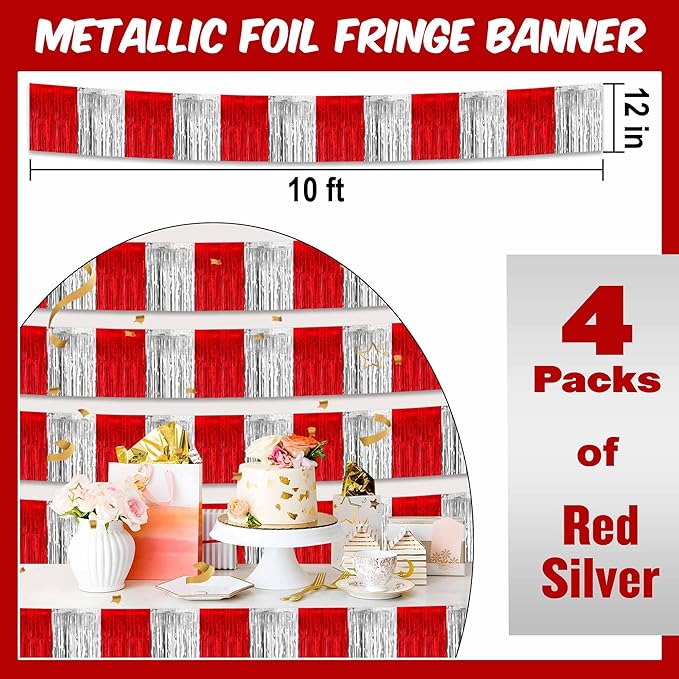 4 Pack 10 Ft Red and Silver Foil Fringe Garland Metallic Streamers Tinsel - Image 2