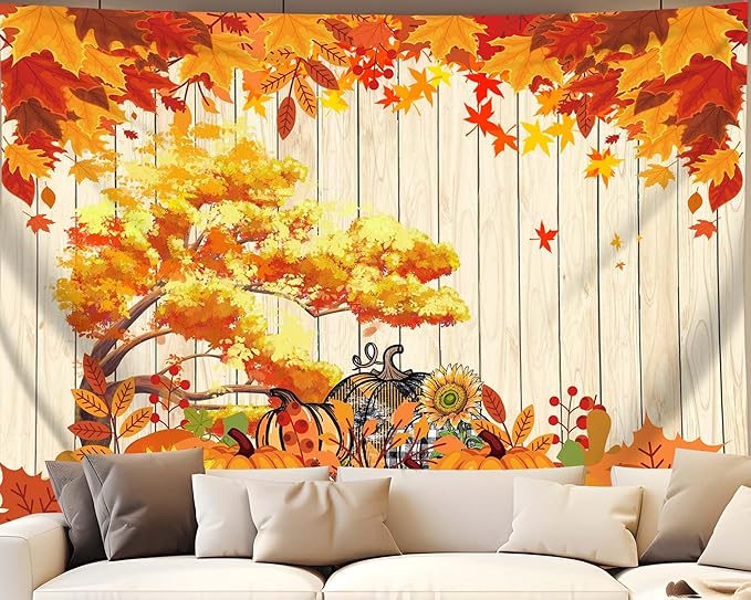 QGHOT Fall Tapestry Wall Hanging Autumn Photo Backdrop Rustic Orange Wood by QGHOT