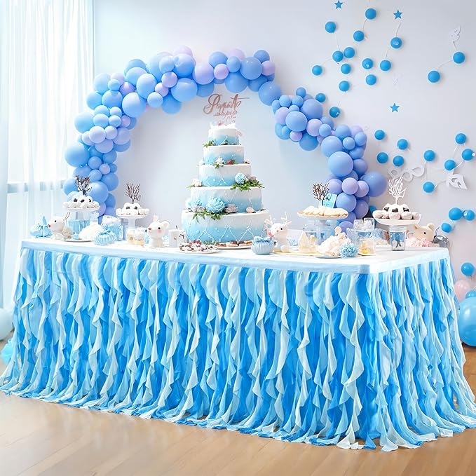 Partisky Ocean Blue Tulle Tutu Ruffle Curly Willow Table Skirt - Image 3