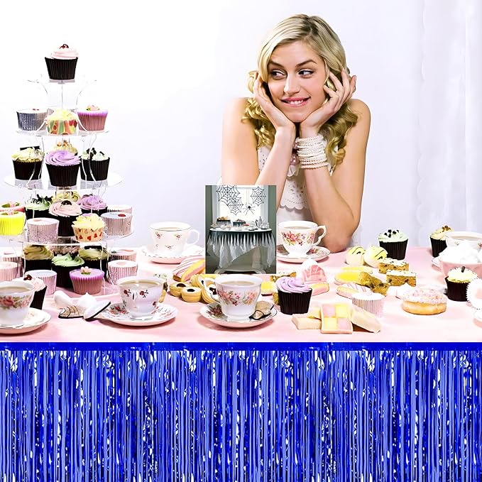 3 Pack 29x108 Inch Blue Foil Fringe Table Skirts Metallic Banner - Image 5