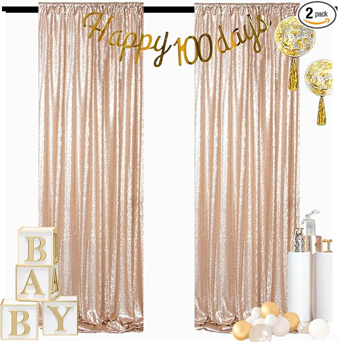 ShinyBeauty Champagne Backdrop Curtains 2 Pieces Sequin Photograph Backdrops by ShinyBeauty