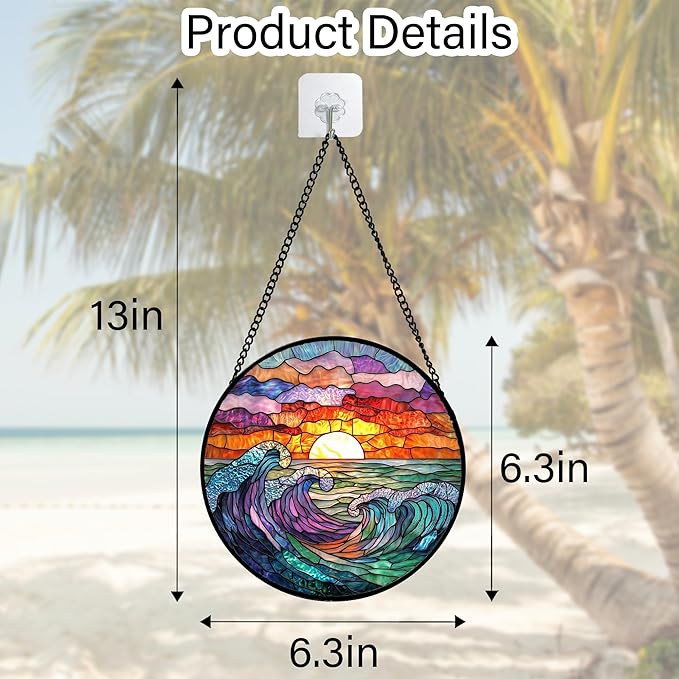Stained Glass Window Hanging, Clouds and Sea Waves Suncatcher Diamond Glass - Image 5