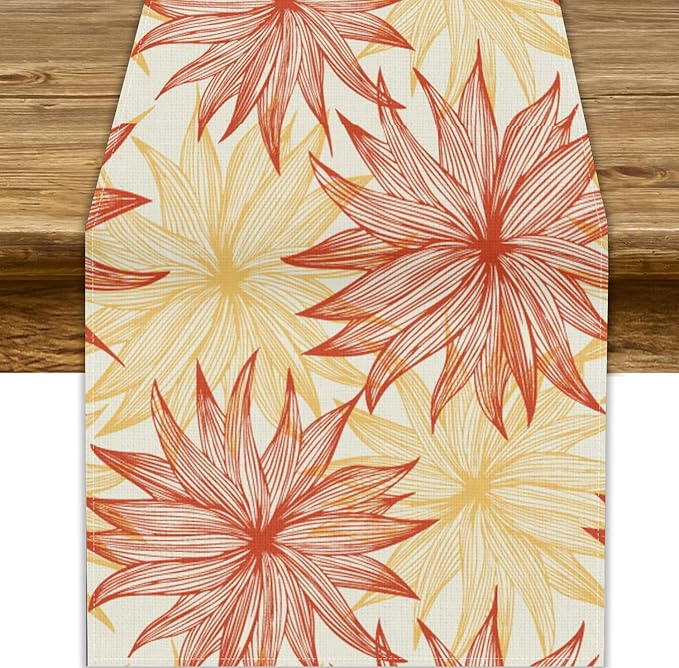 Autumn Chrysanthemum Table Runner, Vintage Modern Geometric Floral Boho Table by ShiTingYu