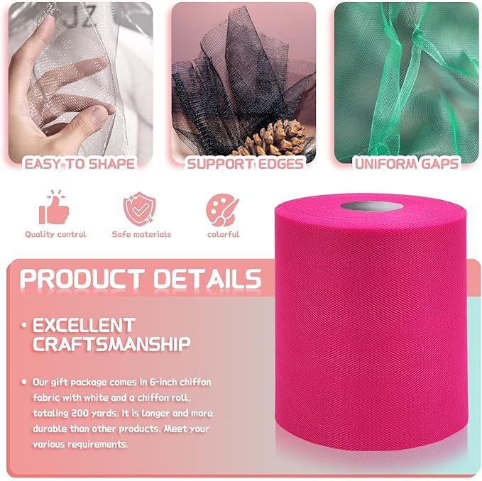 6" x 200 Yards Fuchsia Tulle Fabric Rolls, Hot Pink Spool Tulle Ribbon - Image 3