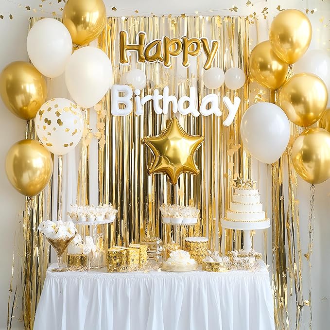PartyWoo Gold Streamers Curtain Backdrop 3pcs Foil Fringe Curtain 8.2FT Gold - Image 3