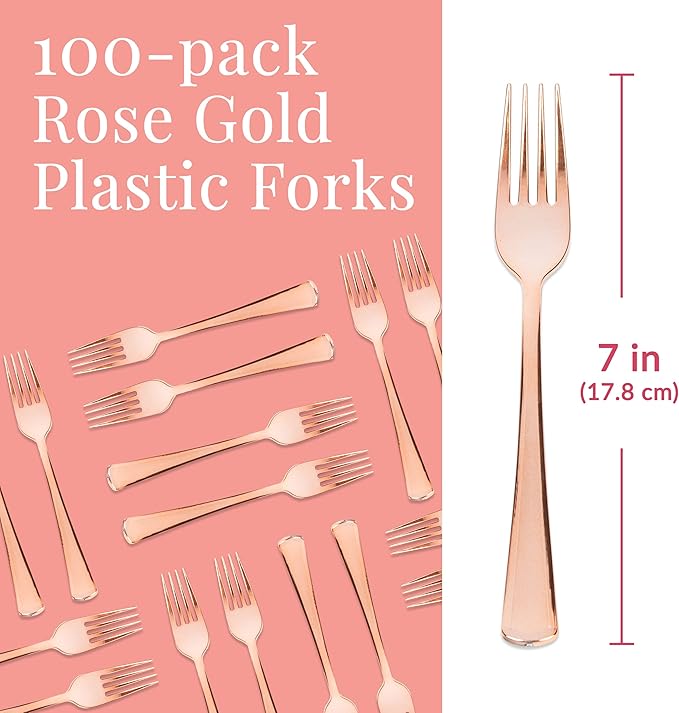Prestee Set of 100 Rose Gold Plastic Forks Disposable - Image 2