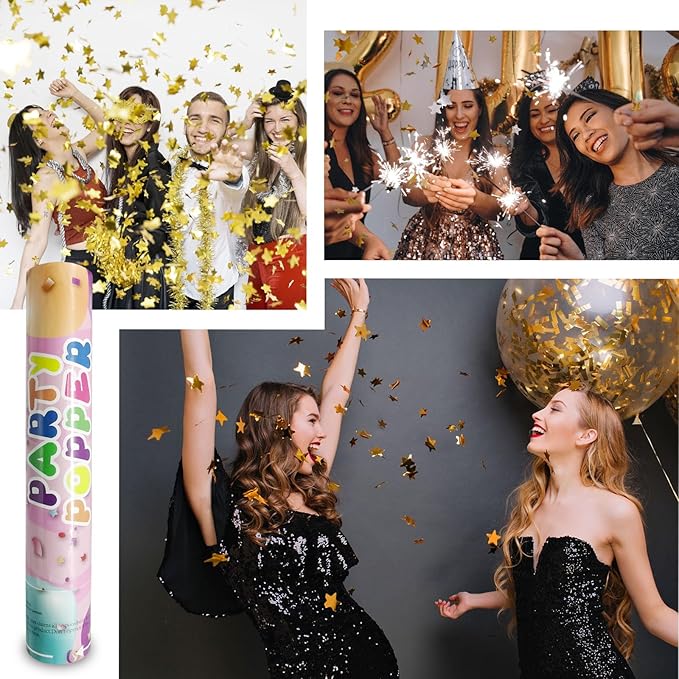 6 Pack Gold Silver Star Confetti Poppers, 12 Inch Confetti Cannon Party Poppers - Image 3