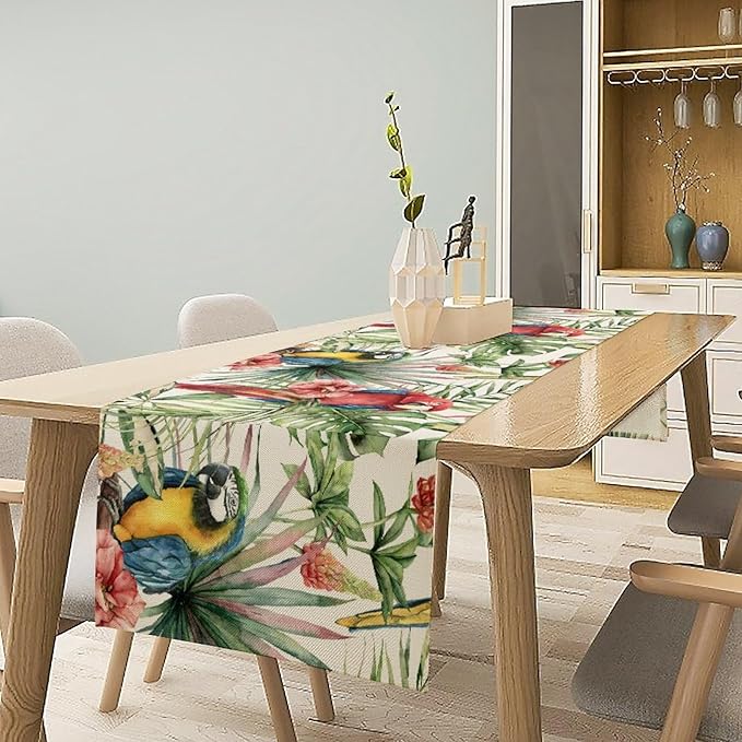 Parrot Table Runner, Tropical Palm Leaf Colorful Macaw Bird Watercolor Print - Image 5