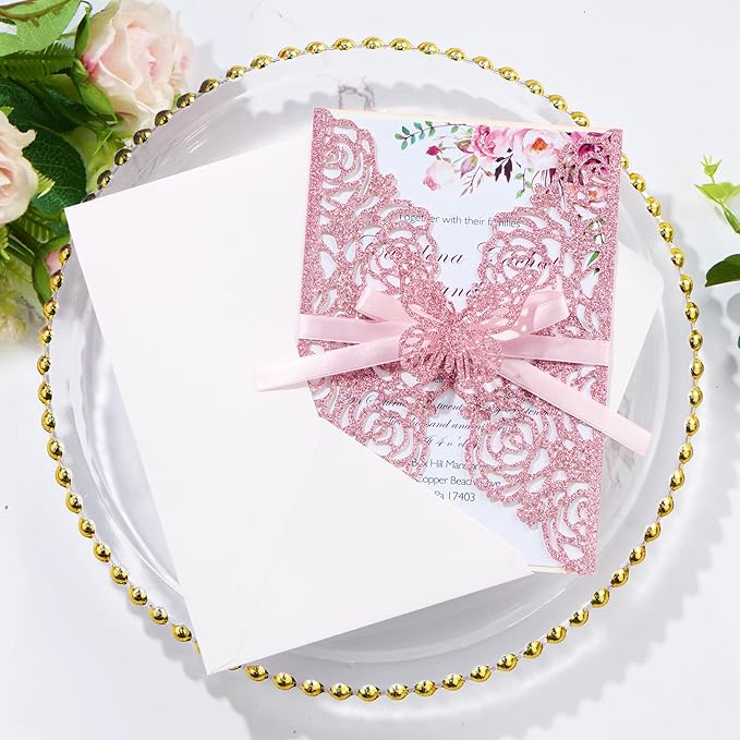 50PCS Pink Wedding Invitations Butterfly Laser Cut Invitation - Image 4