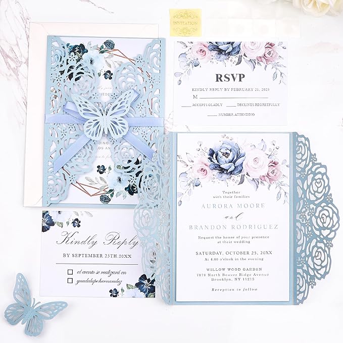 50 Set Light Blue Wedding Invitations Butterfly Laser Cut Invitations Pocket - Image 7