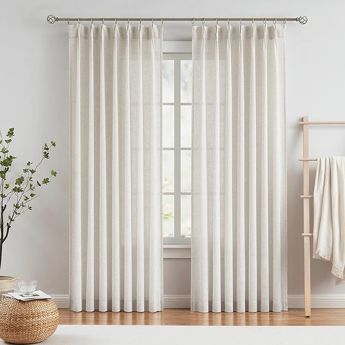 Vision Home Natural Pinch Pleated Semi Sheer Curtains Textured Linen Blended by VisionHome