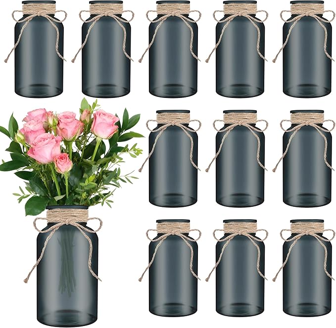 Vintage Glass Flower Vase，12 Pack Farmhouse Black Glass Centerpiece Vases Mason by LEYIQUCHAMPAGNEWINEGLASSES