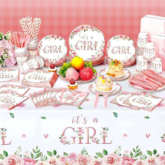 452 Pcs Pink Floral Baby Shower Party Supplies Include It's a Girl Baby Shower - Image 6