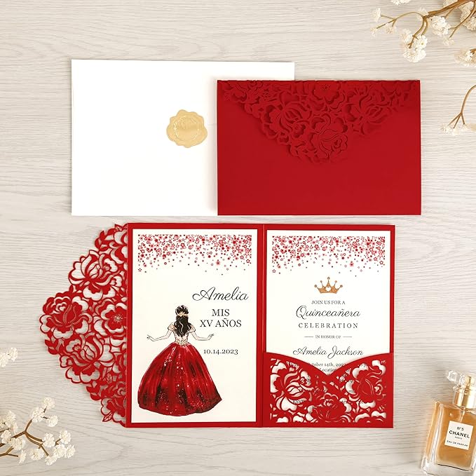 DORIS HOME 50pcs Laser Cut Quinceanera Invitations Red, 4.7x7.1 Personalized - Image 2