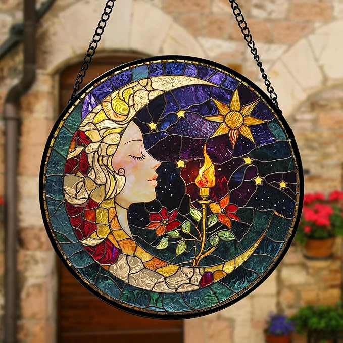 Stained Glass Window Hanging, Moon Goddess Torch Suncatcher Diamond Glass Panel - Image 4