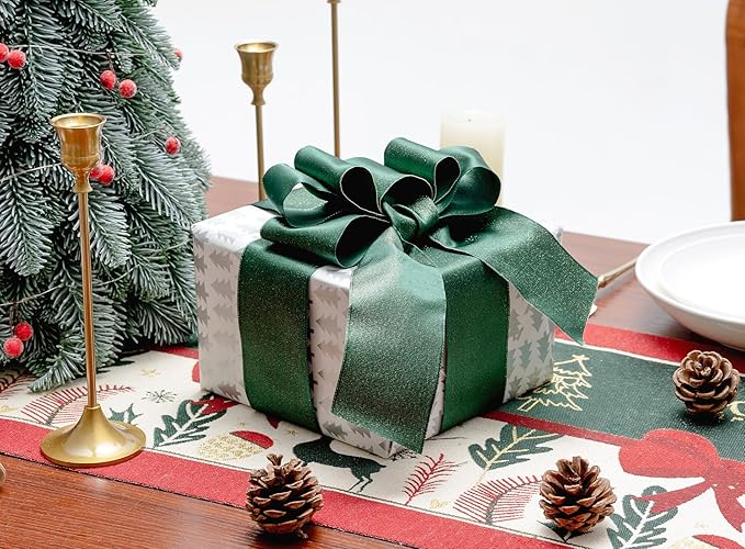Christmas Ribbon Wired Green Satin Ribbons 2-1/2 Inch Double-Faced Gold Glitter - Image 4