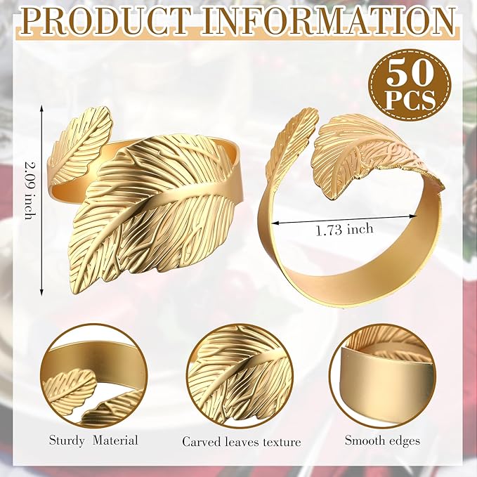 Bokon 50 Pcs Gold Napkin Rings Metal Leaf Napkin Holders Delicate Rings Bulk - Image 2