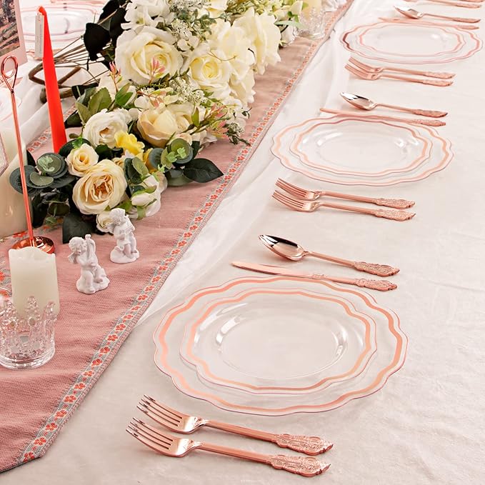NOCCUR 150PCS Rose Gold Plastic Plates&Rose Gold Silverware-Include 30Dinner - Image 6
