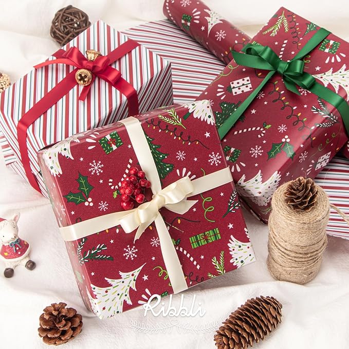 Ribbli Christmas Wrapping Paper Reversible Christmas Tree and Red Green Stripe - Image 5