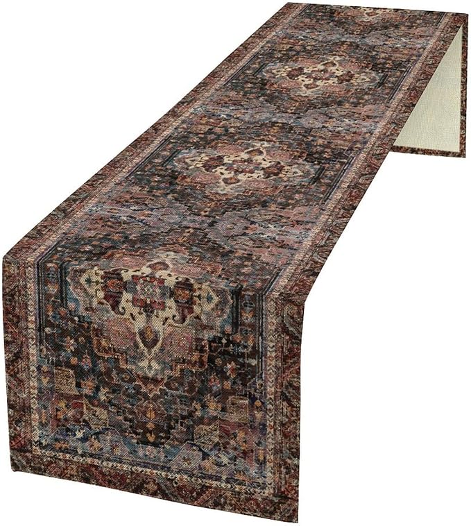 Vintage Boho Floral Table Runner, Rustic Country Farmhouse Black Bohemia Flower by Unknown