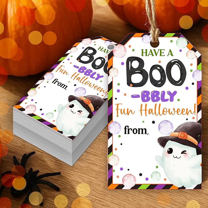 50 Pcs Halloween Tags with String, 2.1"×3.5" Ghost Paper Gifts Tags, Boo Trick by HandEasy