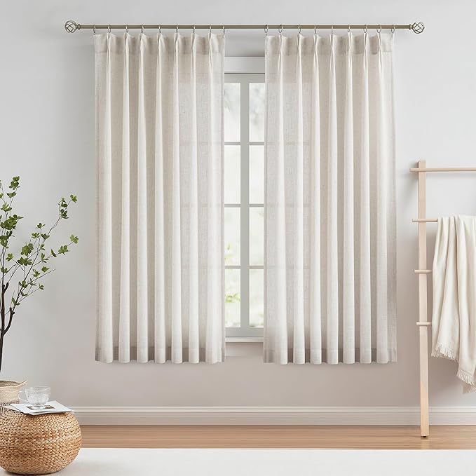 Vision Home Natural Pinch Pleated Semi Sheer Curtains Textured Linen Blended by VisionHome