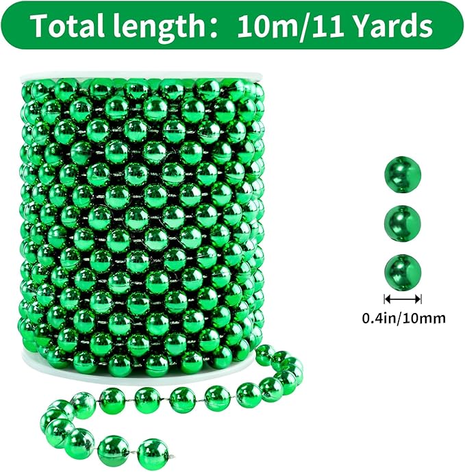 Faux Pearl Bead Garland - 10mm Christmas Tree Beads 11 Yards Green Pearl - Image 2