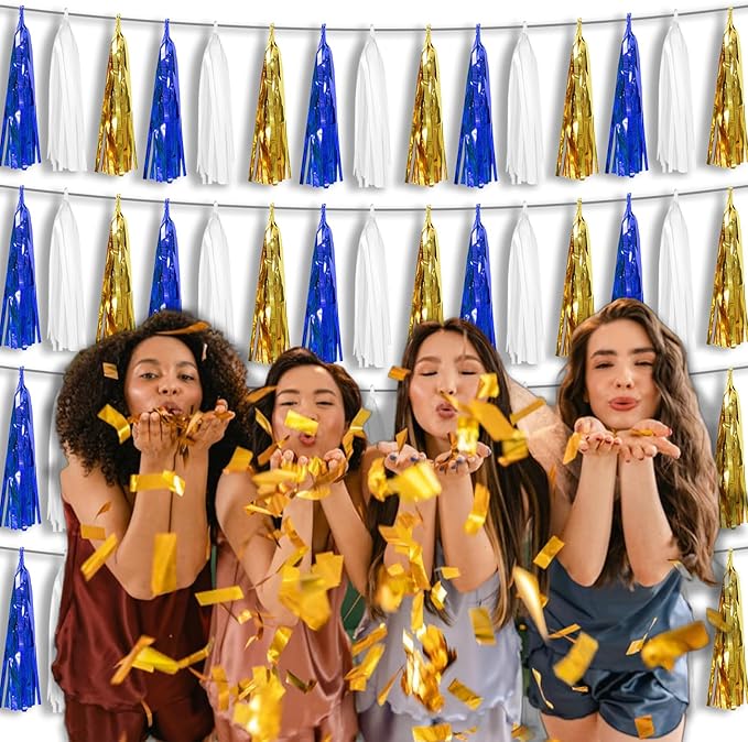 4 Pack Navy-Blue White and Gold Foil Fringe Tassel Banner Garland Metallic - Image 6