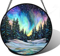 Stained Glass Window Hanging, Aurora Landscape Sun Catchers Glass Panel Green by DASTOLL