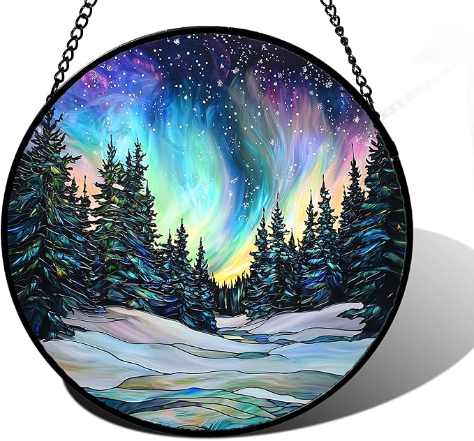 Stained Glass Window Hanging, Aurora Landscape Sun Catchers Glass Panel Green by DASTOLL