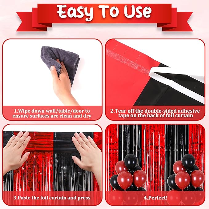 2 Pack 3.3x8.2 Feet Red and Black Foil Fringe Backdrop Curtains, Tinsel - Image 4