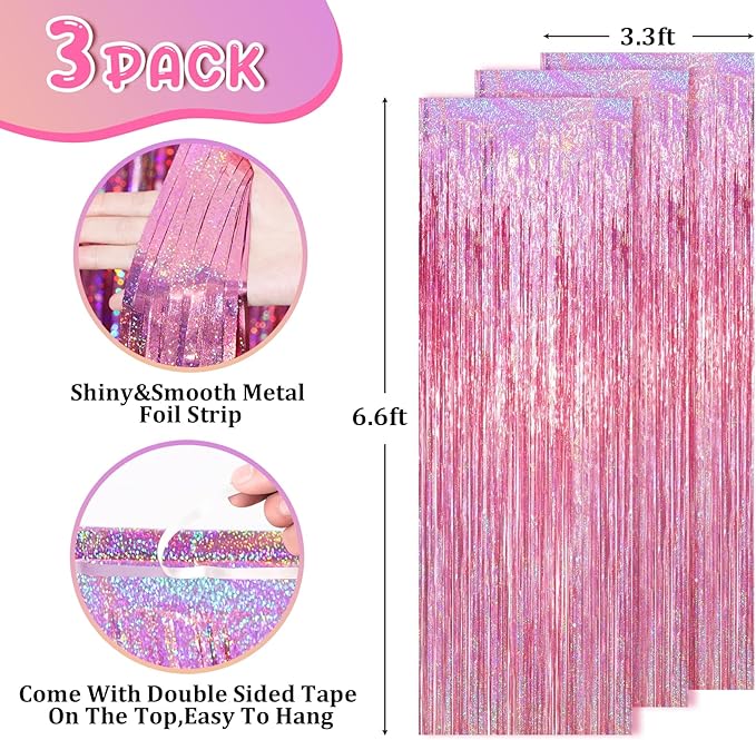 2 Pack Laser Pink Tinsel Foil Fringe Curtains, Mothers Day Pink Decorations - Image 3