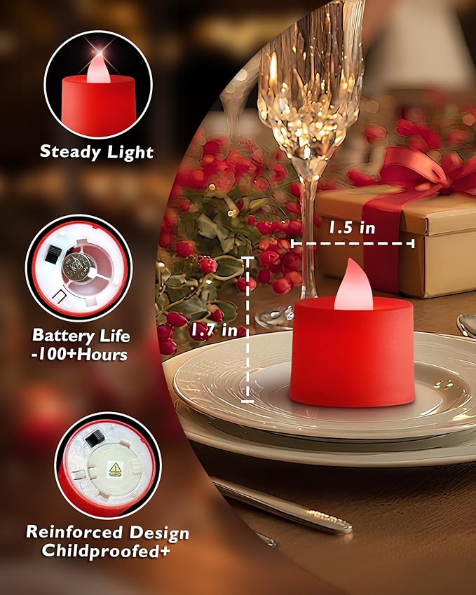 Amagic 24 Pack Red LED Tea Lights, Flameless Votive Candles Battery Operated - Image 2