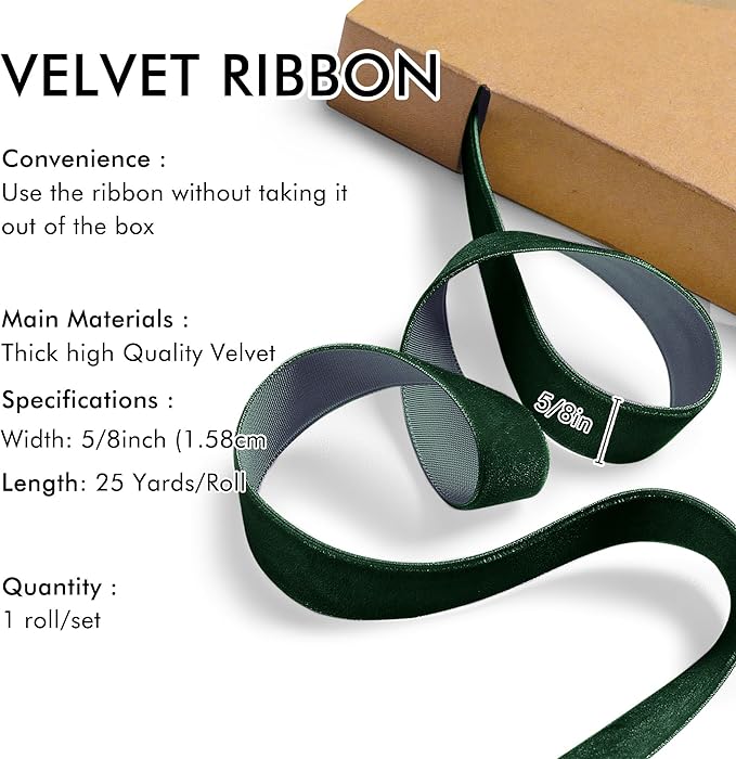Dark Green Velvet Ribbon 5/8'' 25 Yards - Image 2