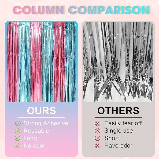 2 Pack Blue and Pink Foil Fringe Backdrop Curtains, Tinsel Streamers Mermaid - Image 3