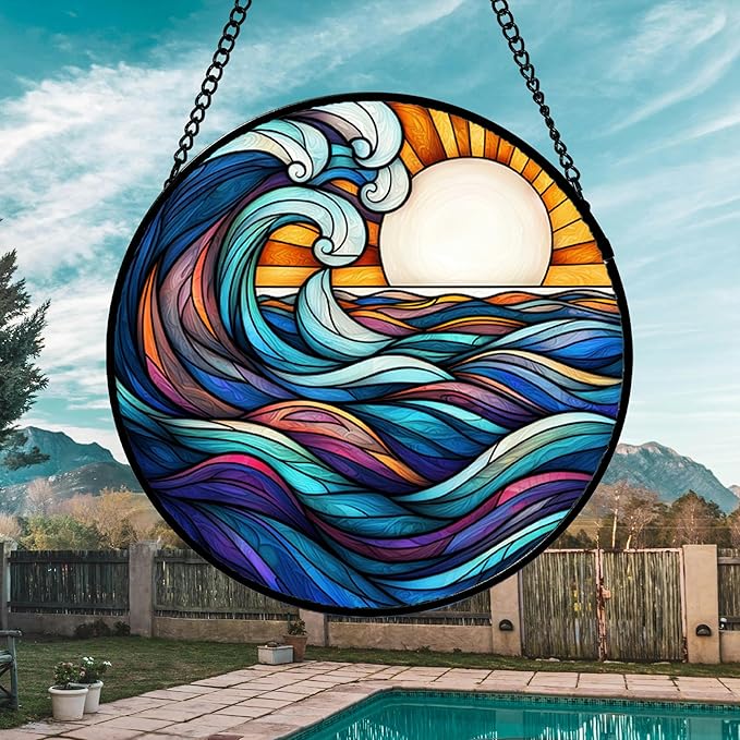 Stained Glass Window Hanging, Big Wave Sun Suncatcher Diamond Glass Panel - Image 3