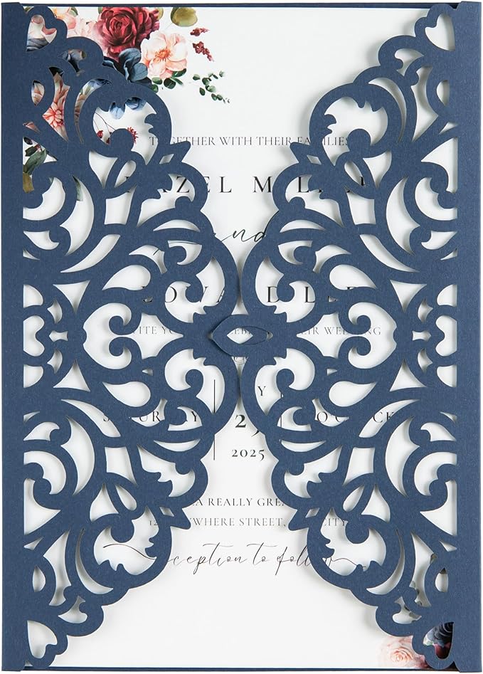 20Pcs Navy Blue Laser Cut Invitation Cards by FEIYI