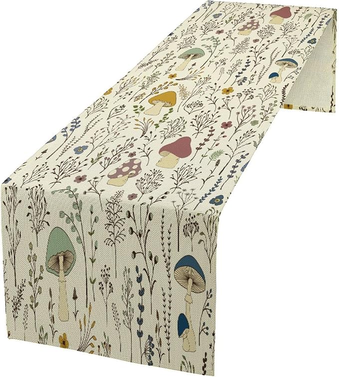 Mushroom Table Runner, Colorful Wild Plants and Fungus Botanical Plants Pattern by Kurtect