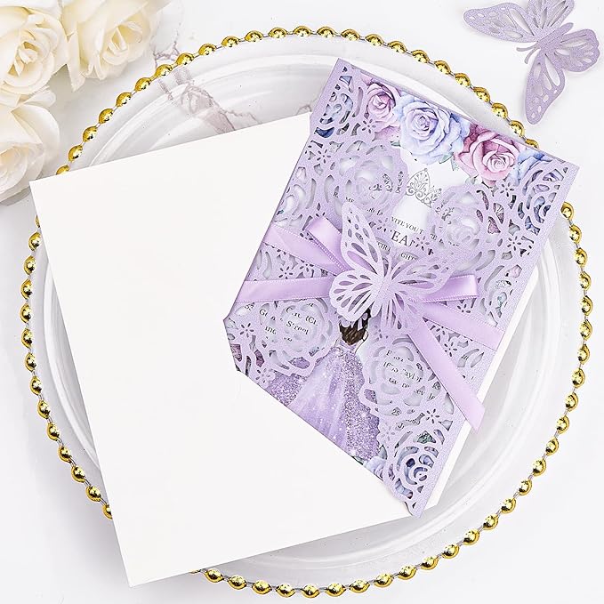 Purple Butterfly Laser Cut Wedding Invitations 50 Set, Hollow Out Rose Shaped - Image 4