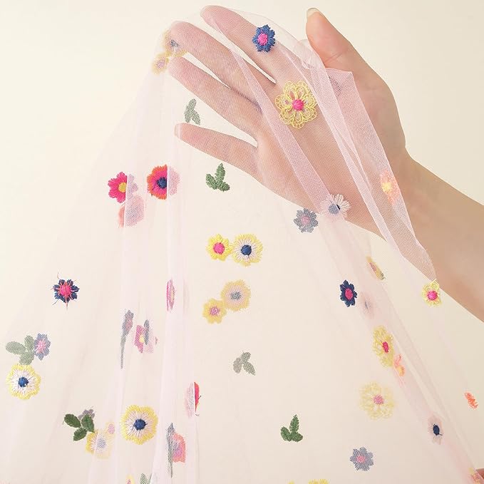 Pink Embroidery Daisy Fall Table Runner 120Inch 10FT Florals Soft Sheer Tulle - Image 7