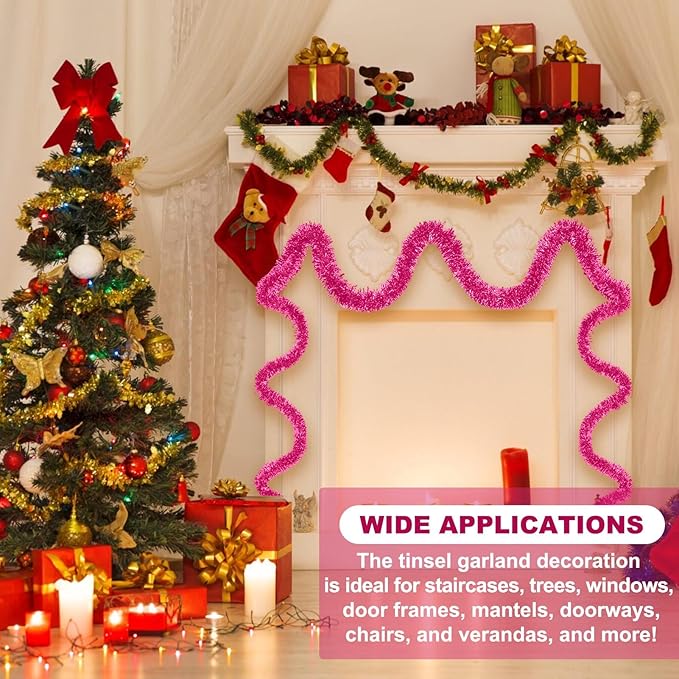 50 Feet Pink Christmas Tinsel Garland, Metallic Foil Twist Banner Wall Hanging - Image 3