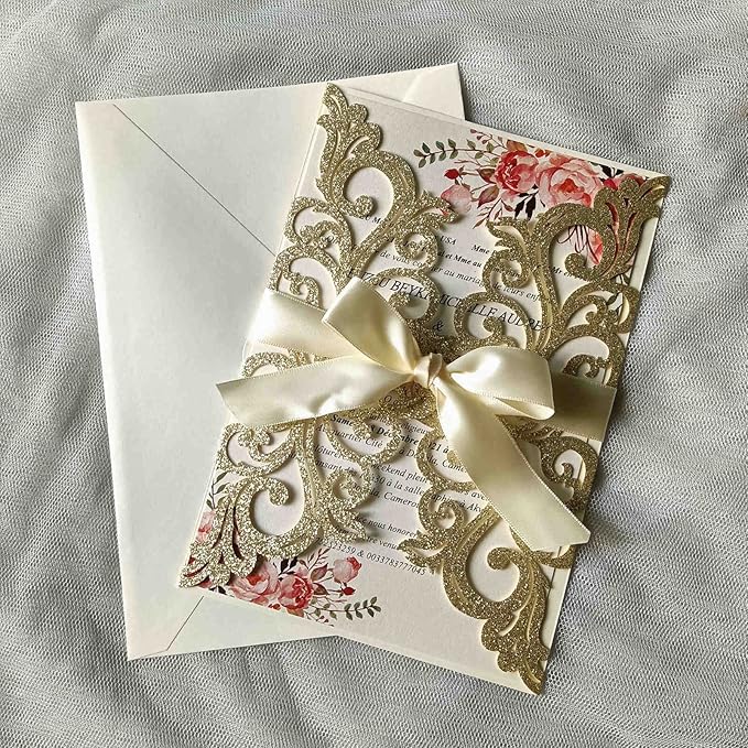 25PCS Champagne Gold Glitter Laser Cut Wedding Invitations Cards - Image 3