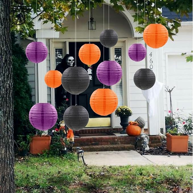 Orange Purple Black Paper Lanterns Decorative 12pcs Halloween Hanging - Image 3