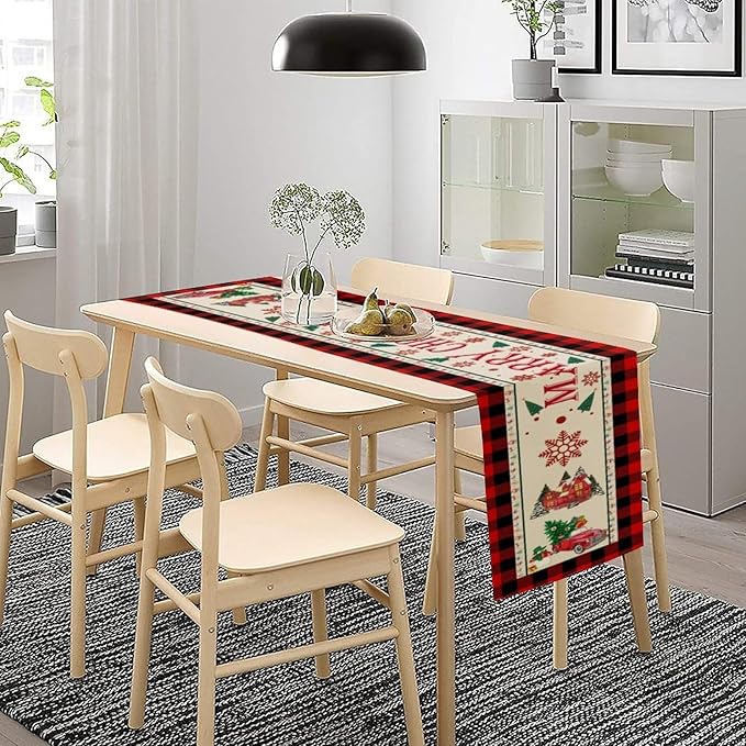 Merry Christmas Table Runner, Winter Xmas Holiday Table Cloth Kitchen Dining - Image 3