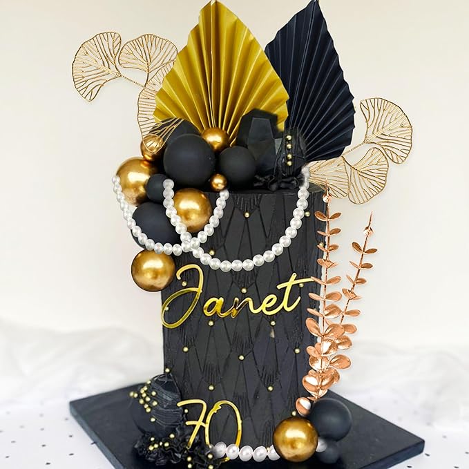 Boho Cake Topper Black Gold Balls Cake Topper Gold Leaves Cake Decoration Prom - Image 3