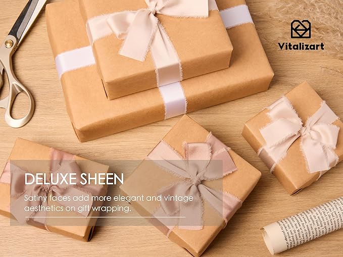 Vitalizart Silk Like Satin Ribbon 1 inch x 25 Yard Nude & White Handmade Frayed - Image 5