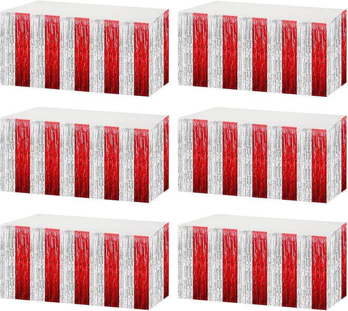 6 Pack 29x108 Inch Red Silver Metallic Foil Fringe Tinsel Table Skirts by AIKENLIN