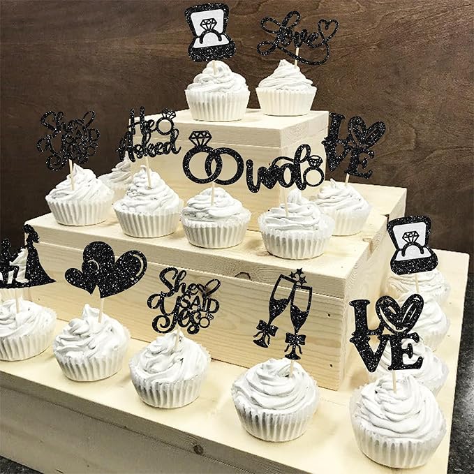 Ephlyn 30Pcs He Asked She Said Yes Cupcake Toppers Glitter Engagement Cupcake - Image 7