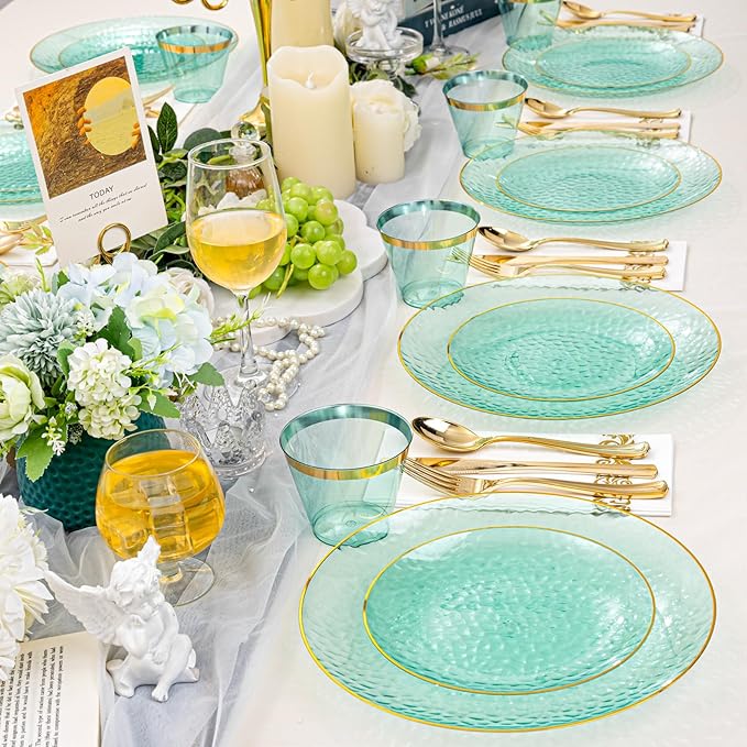 Rubtlamp 175 Pcs Green Plastic Plates Dinnerware Set, Hammered Plates Sets - Image 7